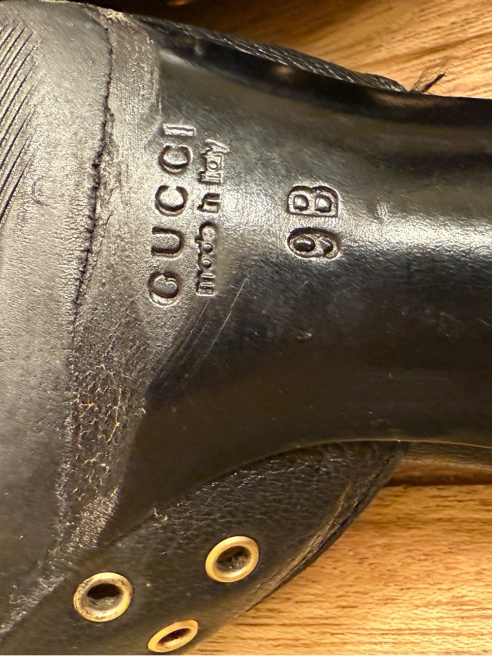 Gucci Black Leather Kitten Heel Mules with Gold Grommet Detail - Picture 14 of 16